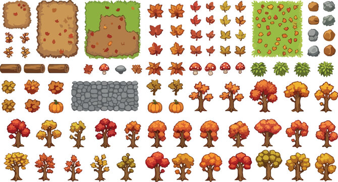 Autumn pixel art game assets collection, fall season nature environment elements, 2D game map tiles with orange trees and pumpkins isolated PNG with Transparent Background