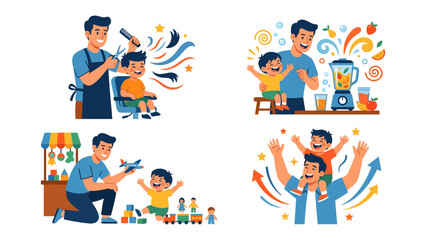 Fototapeta premium Parenting Moments: This illustration captures a father's affectionate interactions with his son, highlighting the everyday joy of parenting in four distinct scenarios.