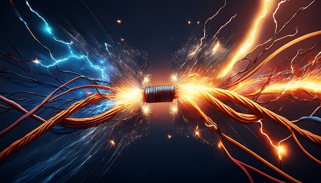 broken electric cable with sparks between two ends