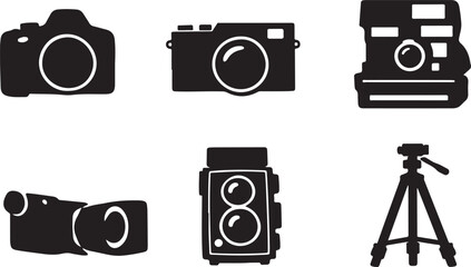 A striking black graphic depicts a classic camera set of silhouette vector © Ajmot
