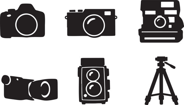 A striking black graphic depicts a classic camera set of silhouette vector