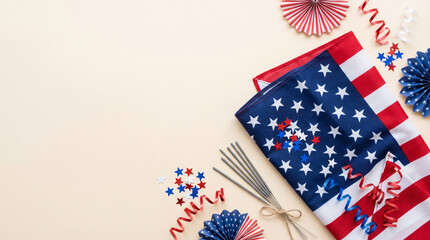 Obraz premium Red White and Blue Festive Flat Lay with Star Pattern Fabric and Party Decorations