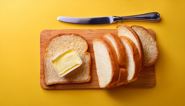 sliced white bread with butter and knife on yellow background