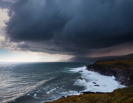 dark cloudy sky with storm brewing in distance concept dramatic seascape with stormy skies and rugged coastline