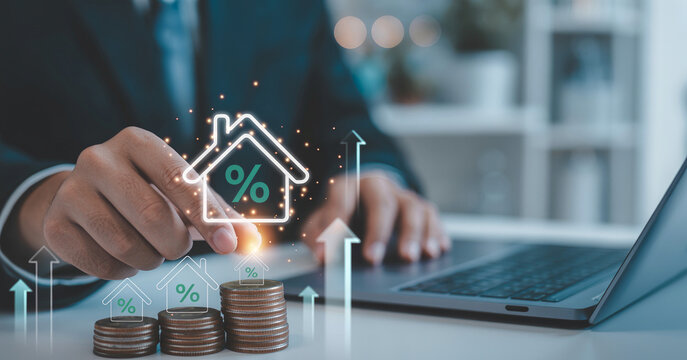 Real estate investor tracking property mortgage rates and rising market values with house icons and coin stacks for financial planning and home loan banking growth.