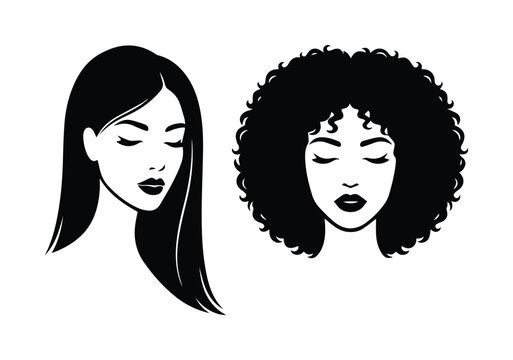 Elegant Black and White Female Faces, Diverse Women's Beauty, Stylized Hair and Makeup, Minimalist Vector Portraits for Fashion and Cosmetics