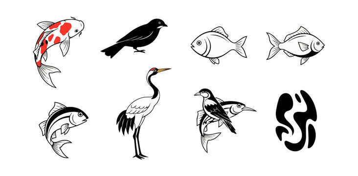 Stylized aquatic animals illustrations on black background