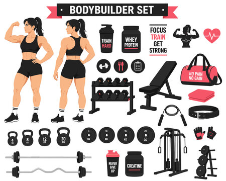 A determined female bodybuilder with a strong physique and various workout gear