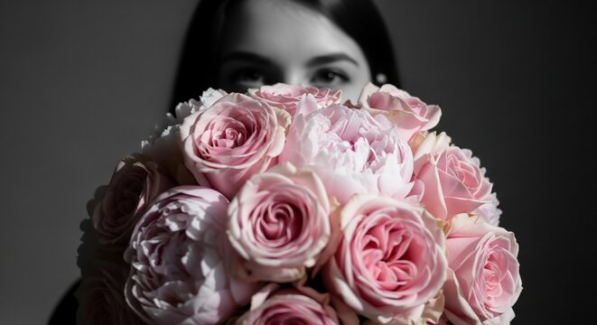Enigmatic Gaze Behind Blooming Pink Roses: A Striking Selective Color Portrait