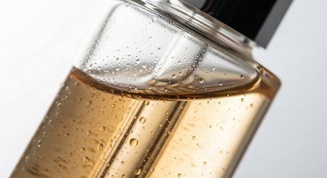 Liquid Gold: Close-up of Golden Amber Serum in a Dewy Glass Bottle with Sparkling Water Droplets