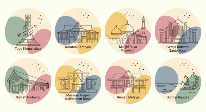 Colorful vector illustration of various landmarks and buildings in Indonesia