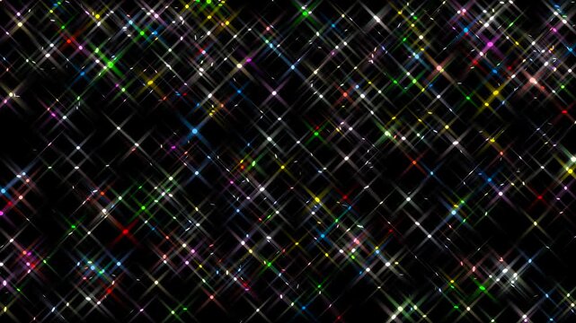 Large Colorful Glitter Falling Isolated on Black Background Seamless Loop X-Shaped Star Sparkle Shimmer Glow Landscape 16:9 Aspect Ratio 4K 30FPS