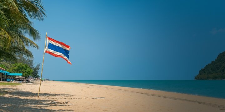 The flag of Thailand on the sandy seashore with copy space