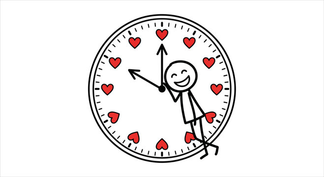 Joyful stick figure appreciating special time marked by hearts on a unique clock