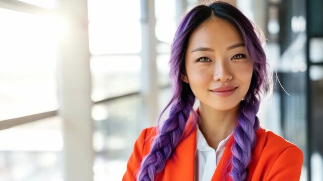 Young woman smiling with braided purple hair in office corridor