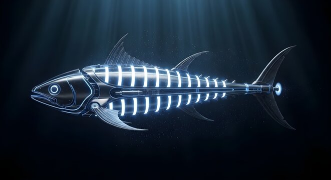 A futuristic metallic fish with glowing blue lights swims through the deep dark ocean water with light rays shining from above.