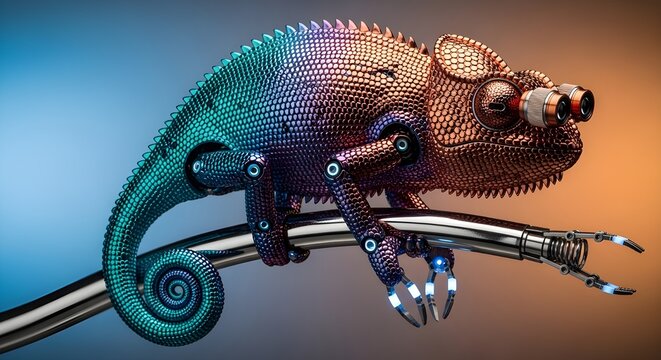 A stunning highly detailed robotic chameleon with iridescent scales and glowing mechanical parts perches on a metallic arm displaying advanced cybernetic design.
