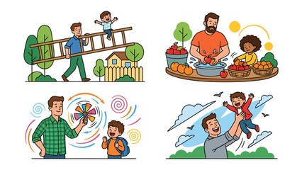Fototapeta premium Father-Child Moments: A heartwarming compilation of illustrated moments showcasing the special bond between a father and his child, filled with love, playfulness, and shared experiences.
