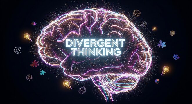 Creative human brain with colorful network showing divergent thinking concept
