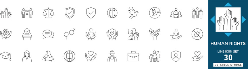 Human Rights line icon set featuring equality, justice, freedom, law, diversity, peace, and advocacy. Professional editable vector illustration for social issues.  © MdAzizar