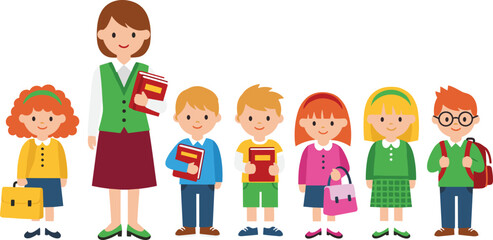 Obraz premium School Teacher and Students Set, Featuring Different Children with Backpacks and Books in Classroom Environment