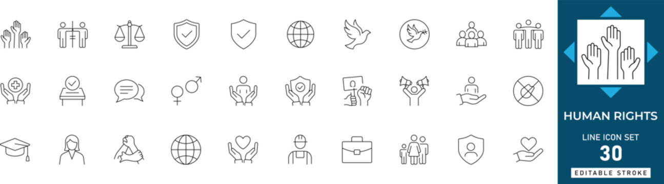 Human Rights line icon set featuring equality, justice, freedom, law, diversity, peace, and advocacy. Professional editable vector illustration for social issues.
