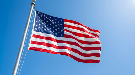 Obraz premium American flag on flagpole waving against clear blue sky with sun flare