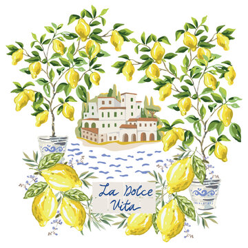 Lemon trees in the pots, yellow lemon fruits, italian coastal town, sea, white background. Print for t shirt, poster, text La Dolce Vita. Vector illustration. Summer trendy design