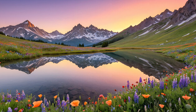 Sanftes Morgenlicht ueber einem Bergsee mit roten Mohnblumen