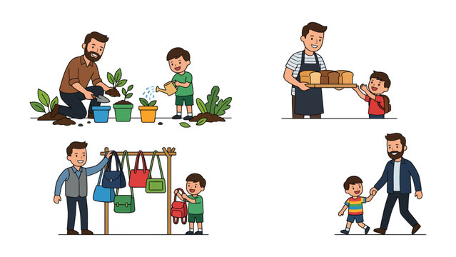 Bonding Time: Four heartwarming vignettes of a father and son sharing special moments, from gardening to supporting local shops, fostering a loving relationship.