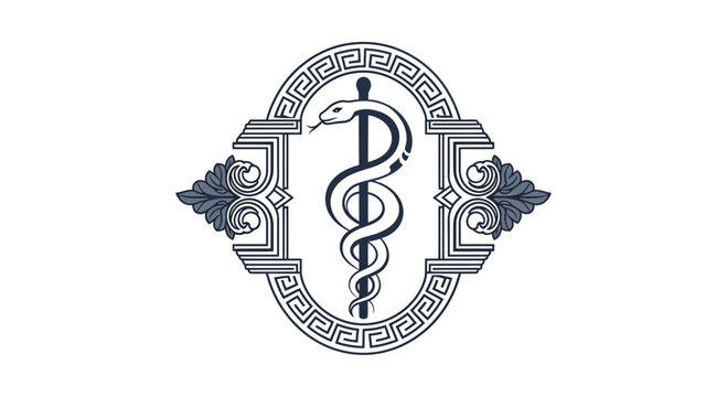 Ornate emblem featuring a caduceus with a snake entwined around a staff, set within an oval frame with decorative elements and a geometric border, symbolizing medicine and healing