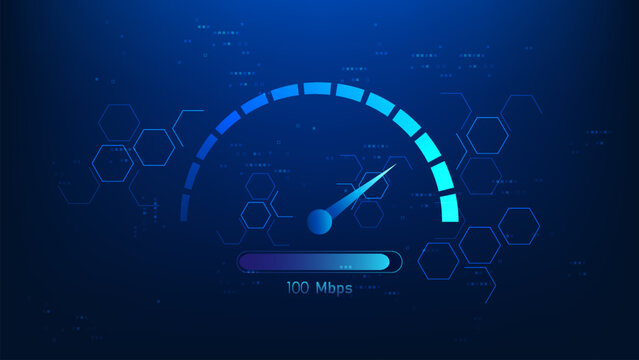 Technology background digital display with an internet speed meter, representing network speed testing, bandwidth measurement, internet performance, connection quality, and real-time data monitoring.