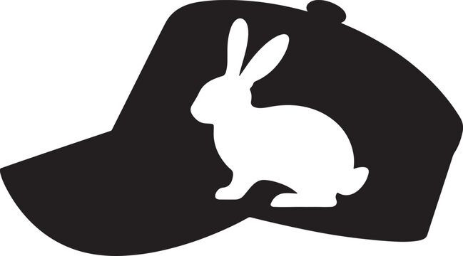 Black baseball cap silhouette with a white rabbit icon inside on a white background