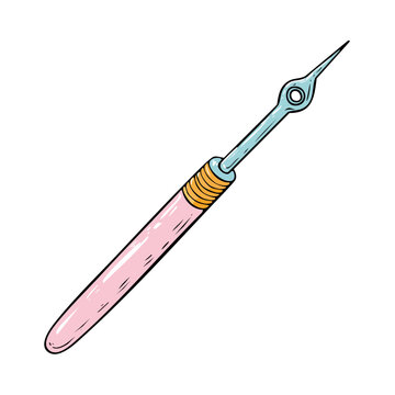 Illustration of a classic sewing needle with a pink handle and metal tip for crafting and tailoring projects