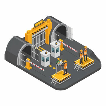 Isometric Security Checkpoint with Barriers and Booths.