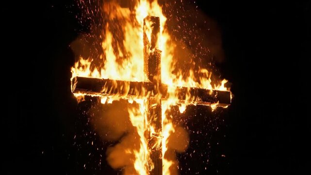 A cross made of wood burning with fiery flames in dark night for religious symbolism