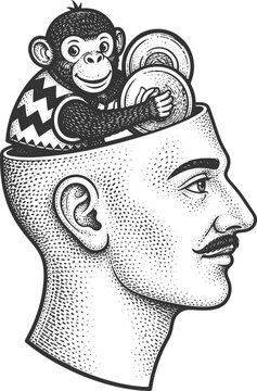 Human Mind Concept with Monkey Vintage Engraving Illustration