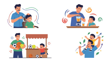 Fototapeta premium Father and Son Moments: A collection of heartwarming illustrations capturing the special bond between a father and son, showcasing their daily life.