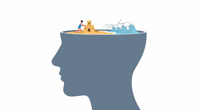 Mindscape: Building sandcastle inside head with ocean waves, imagination concept