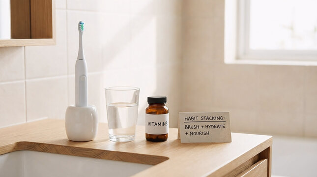 Morning Wellness Routine Featuring Habit Stacking with Electric Toothbrush, Glass of Water, and Vitamin Supplements on a Bright Bathroom Counter