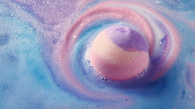 Colorful bath bomb fizzing in pastel blue and pink water for relaxing spa wellness treatment