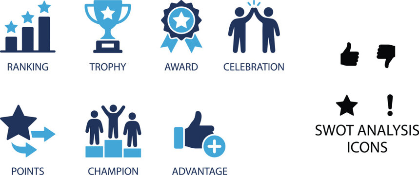 Business success and SWOT analysis icons set including ranking, trophy, award, celebration, points, champion, advantage, and thumbs up icons,