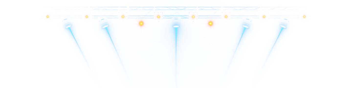 Blue stage spotlight beams with truss, transparent png overlay