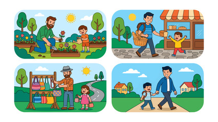Fototapeta premium Father and Child Scenarios: Four delightful cartoon panels depict a heartwarming journey of a father and child, spanning from gardening and market visits to shopping and strolls.