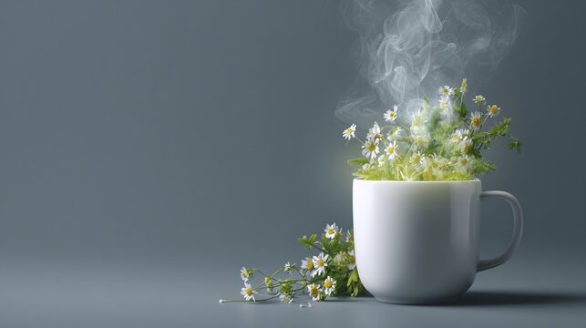 Steaming chamomile tea bouquet overflowing from a white mug