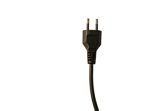 A close-up of a two-prong electrical plug and cord against a black background