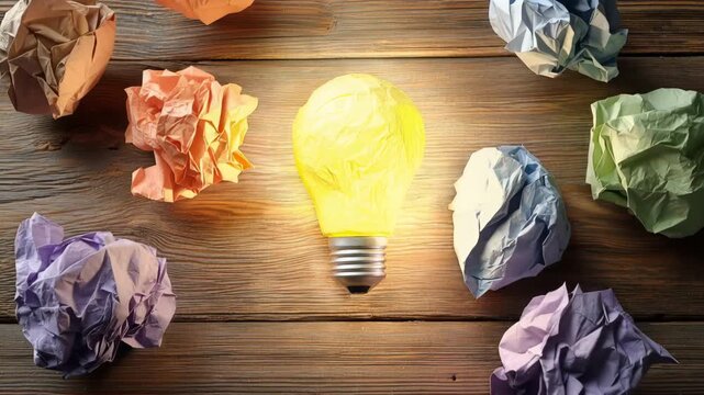 Bright light bulb among crumpled paper on wooden table in creative workspace during daytime