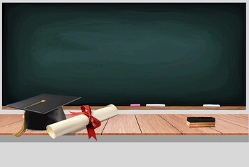 Vector drawing of a blackboard with a wooden desk in front of it, and on top of that desk are a cap,  diploma, and eraser. © educated_design
