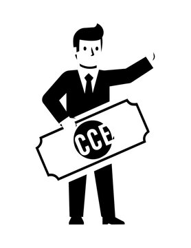 Businessman holding large ticket sign.