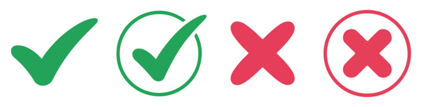 Set of four green checkmark and red cross signs, simple hand-drawn style with bold lines.